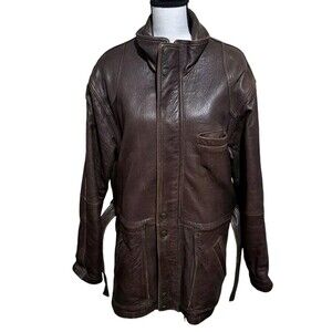 Zeidler & Zeidler Belted Brown Leather Long Coat Rugged Lamb Full Zip SZ Medium